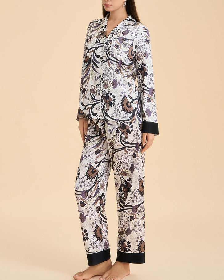 Botanical Satin Sleepwear Set With Contrast Cuffs - C7