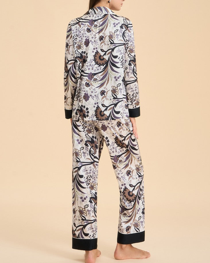 Botanical Satin Sleepwear Set With Contrast Cuffs - C7 - 1