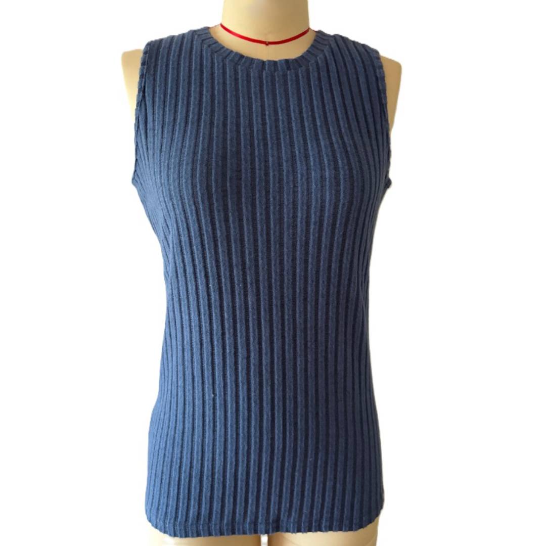 Wide Rib Knit Crewneck Tank Top - Blue