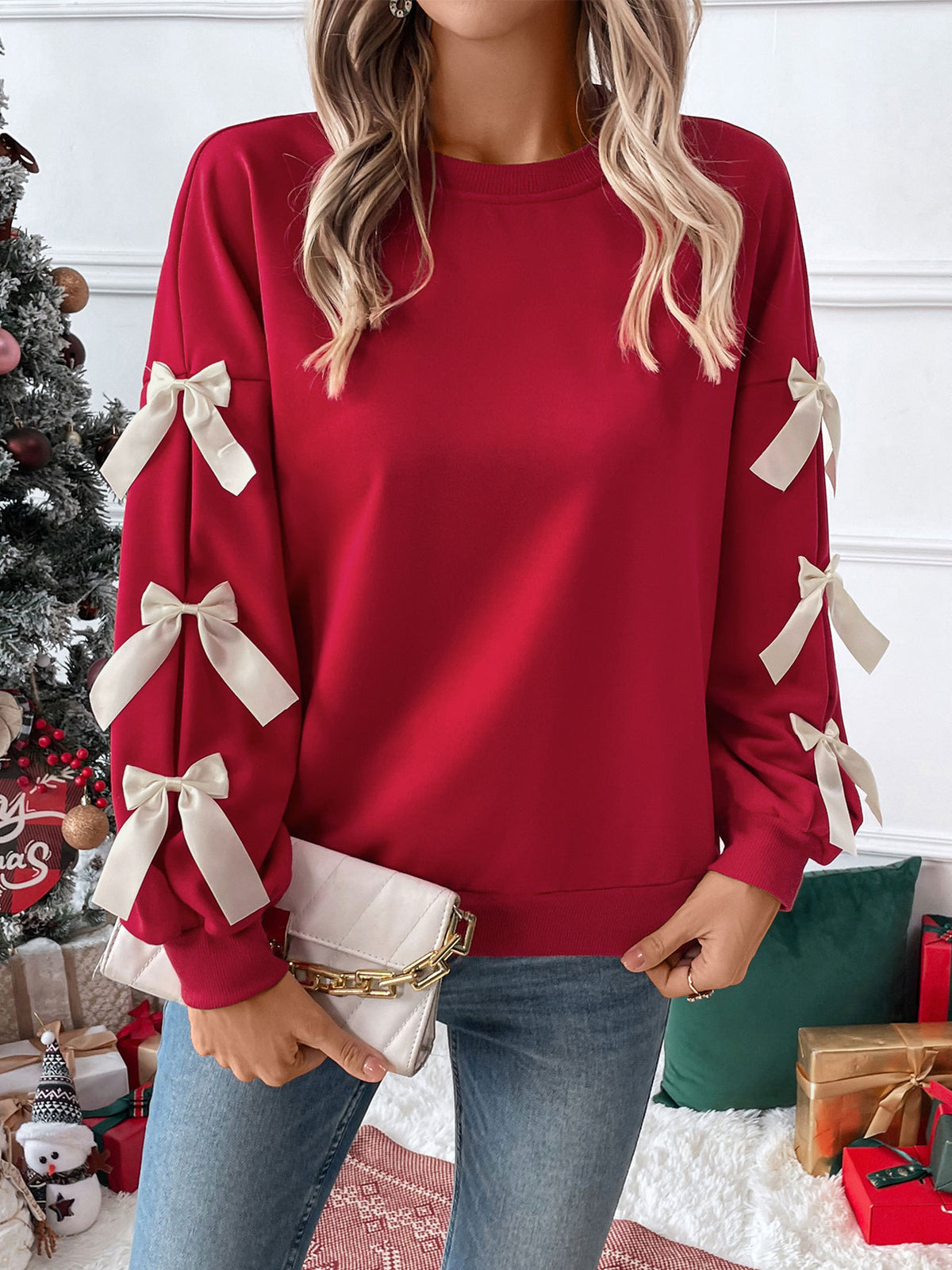 Bow Trim Sleeve Crew Neck Sweatshirt - Red