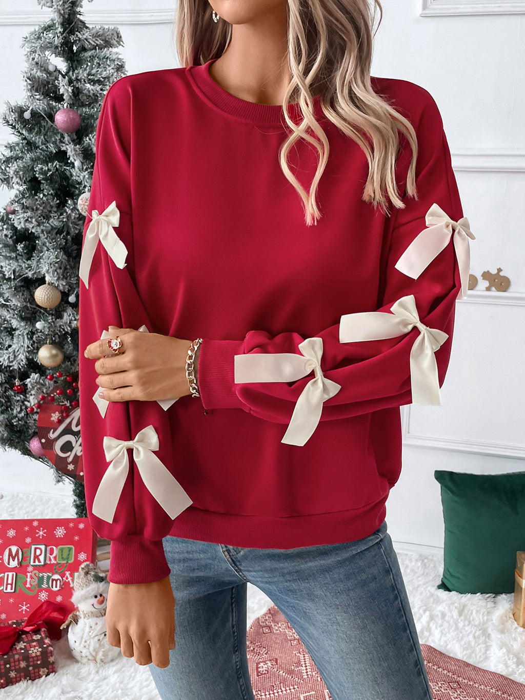 Bow Trim Sleeve Crew Neck Sweatshirt - Red - 1