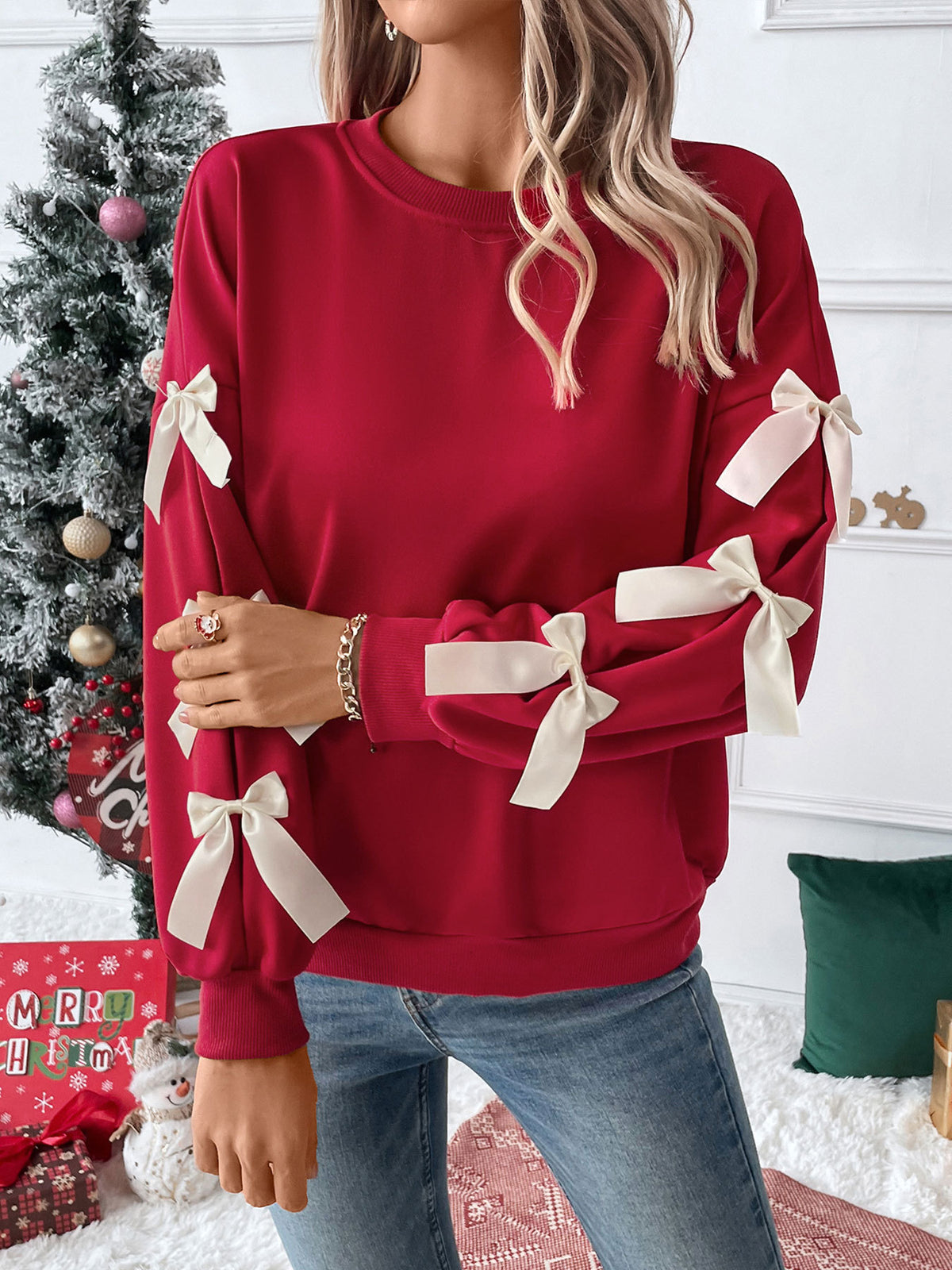 Bow Trim Sleeve Crew Neck Sweatshirt - Red - 1