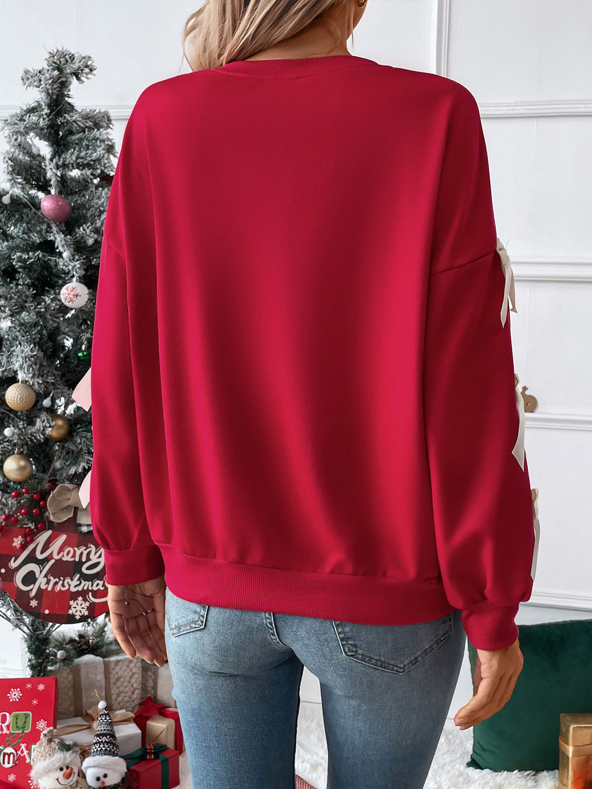 Bow Trim Sleeve Crew Neck Sweatshirt - Red - 4