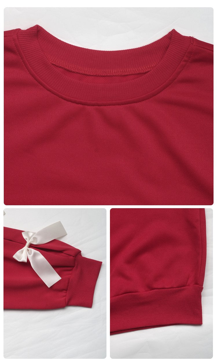 Bow Trim Sleeve Crew Neck Sweatshirt - Red - 5