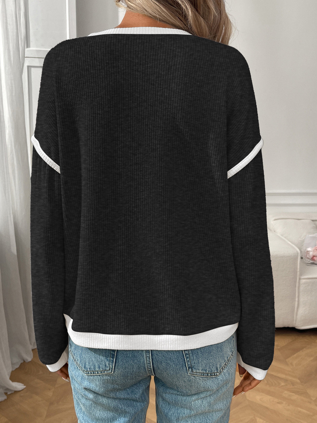 Contrast Edge Drop Shoulder Knit Top - Black - 1