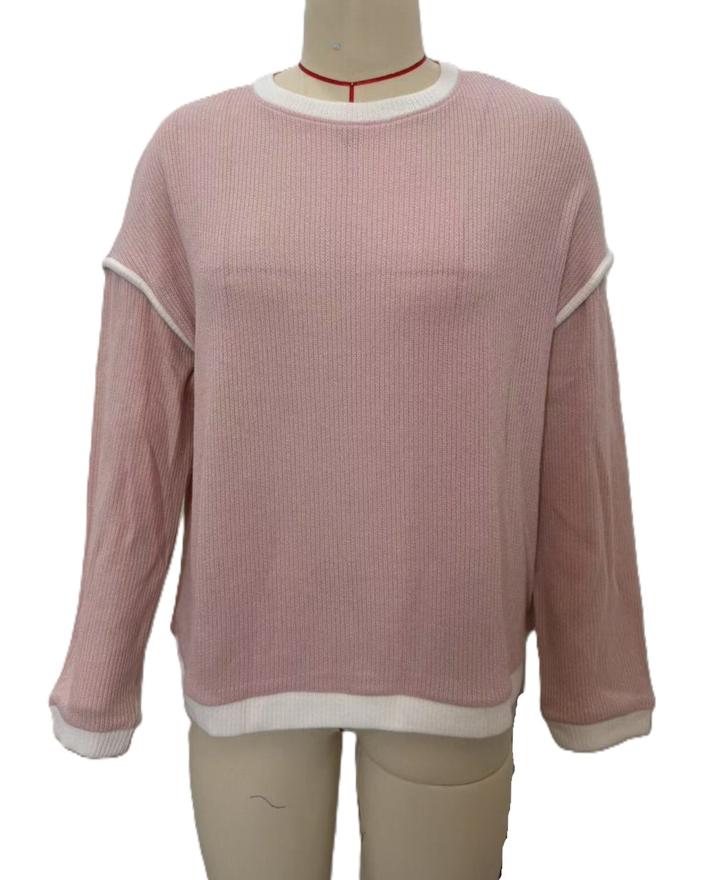 Contrast Edge Drop Shoulder Knit Top - Pink