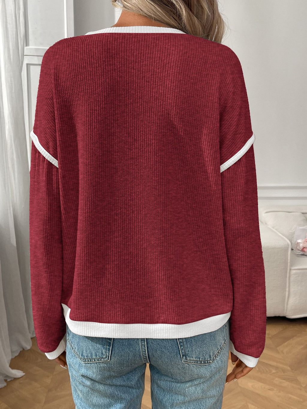 Contrast Edge Drop Shoulder Knit Top - WineRed - 3