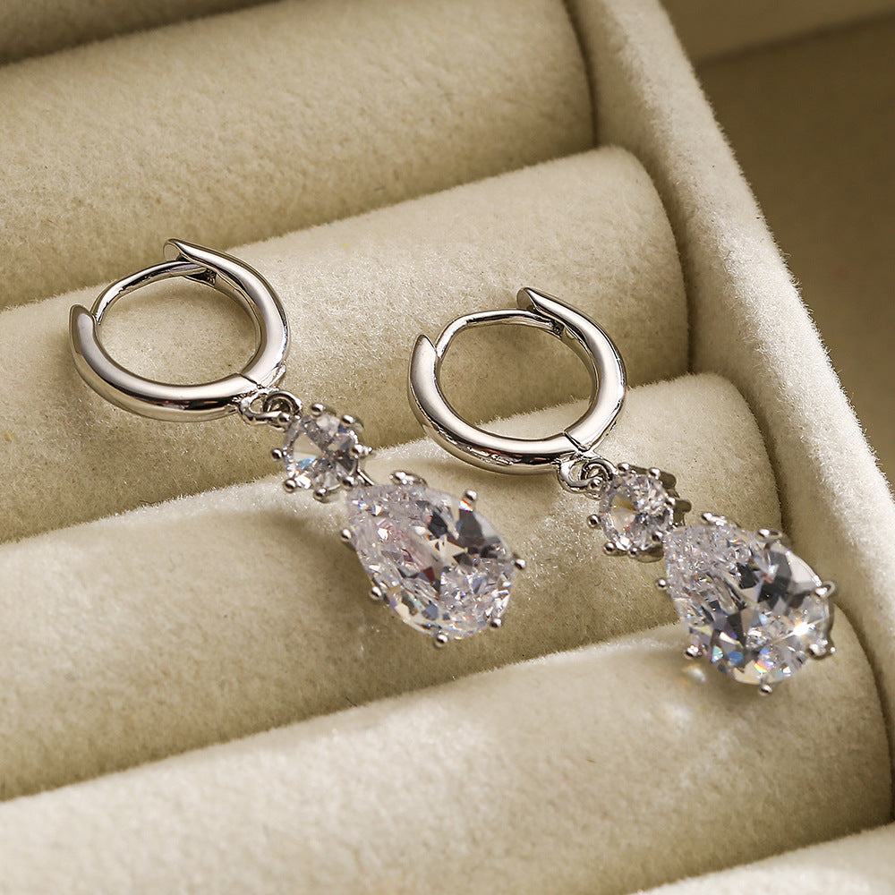 Pear Cut Crystal Drop Huggie Earrings - Silver