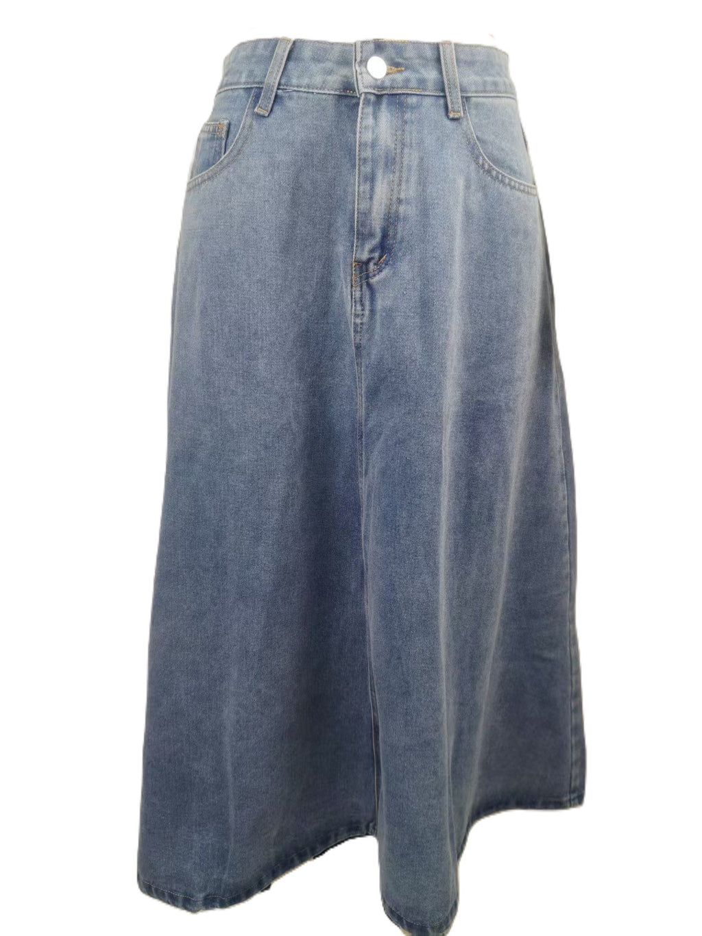 High Waist A-Line Denim Midi Skirt - Blue