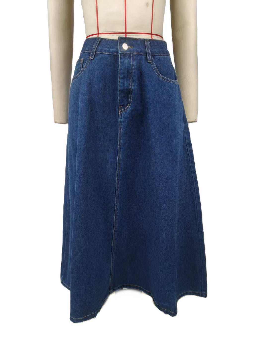 High Waist A-Line Denim Midi Skirt - DarkBlue