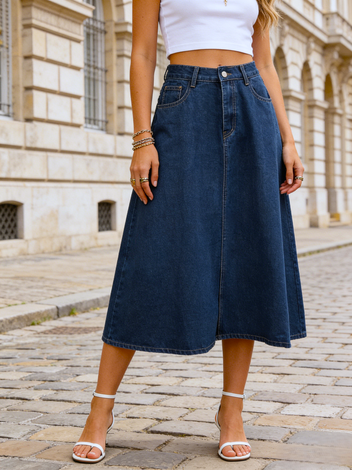 High Waist A-Line Denim Midi Skirt - view 1