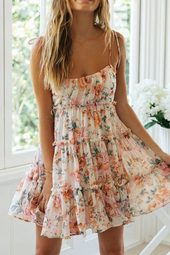 Tie Strap Tiered Ruffle Floral Mini Dress - OrangeGreen