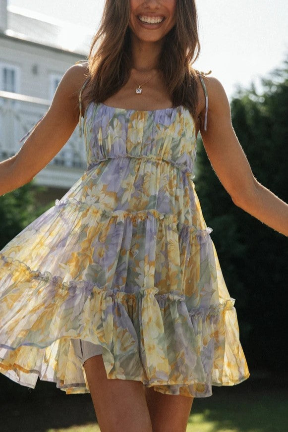 Tie Strap Tiered Ruffle Floral Mini Dress - PurpleYellow