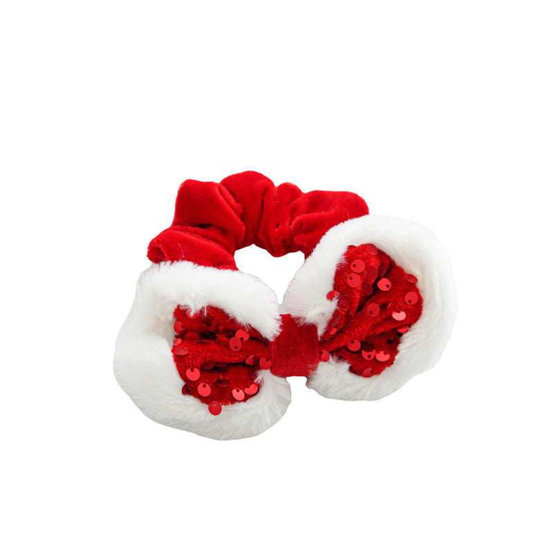 Sequin Bow Velvet Holiday Scrunchie - Red