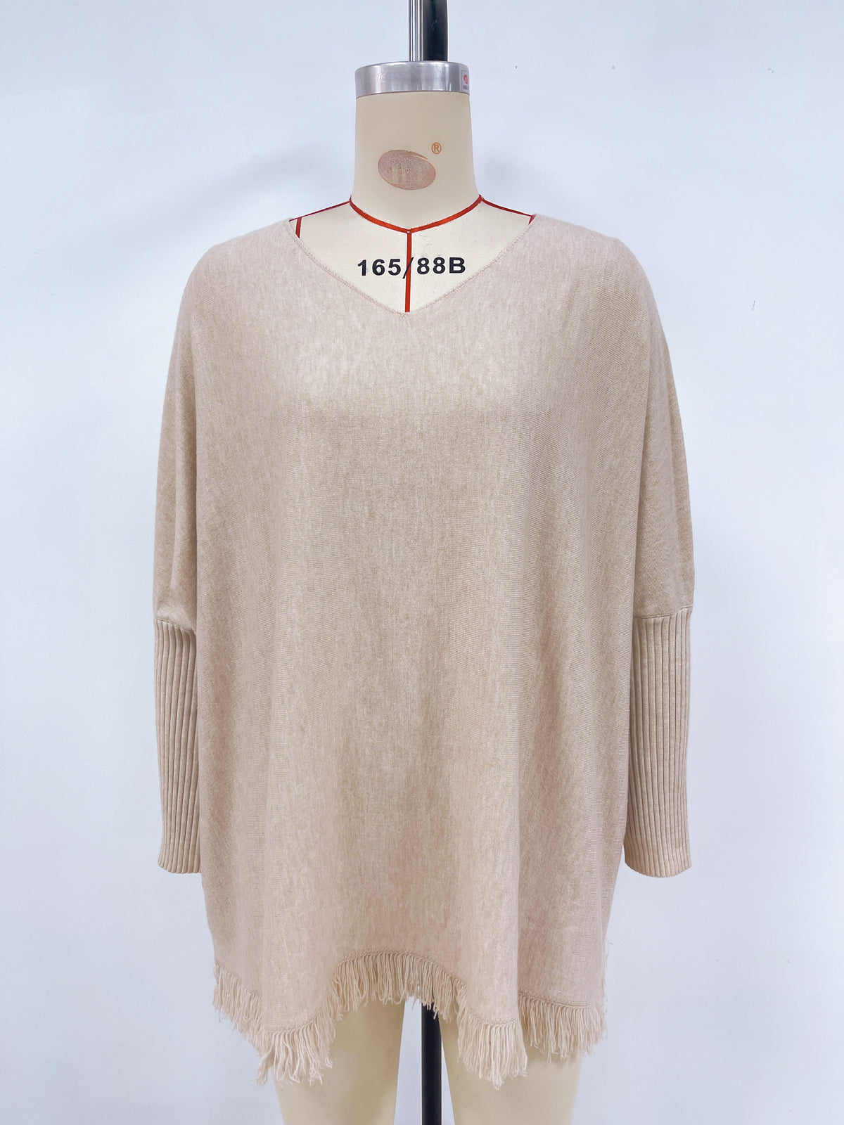 Tassel Hem Batwing Sleeve Knit Sweater - Apricot - 1