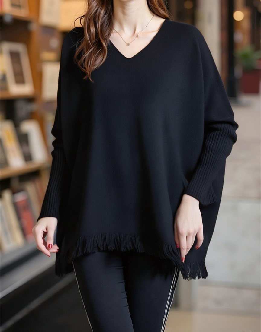 Tassel Hem Batwing Sleeve Knit Sweater - Black - 1