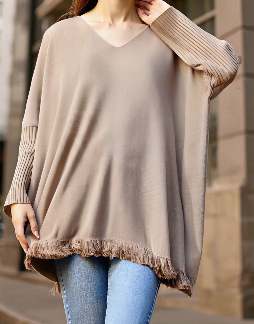 Tassel Hem Batwing Sleeve Knit Sweater - Khaki - 2