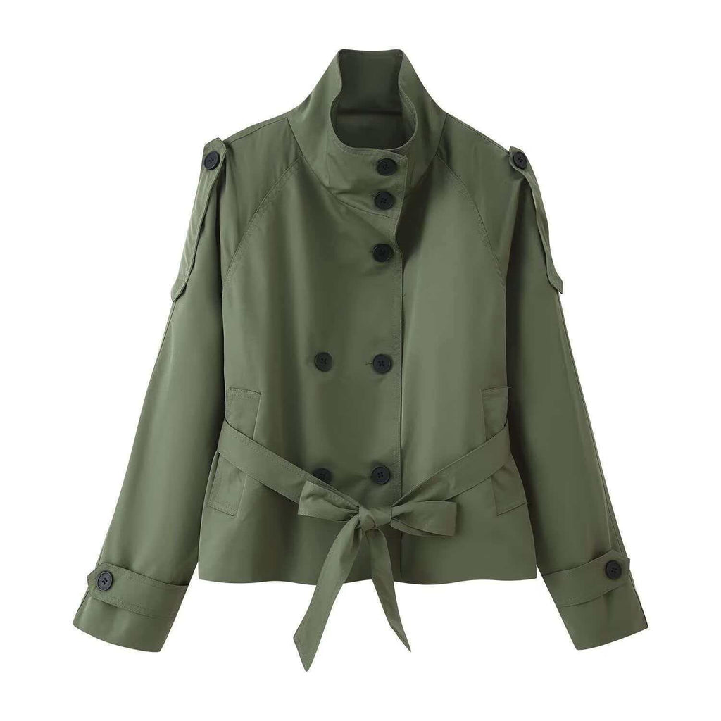 Funnel Neck Belted Double Breasted Short Trench Coat - Army Green