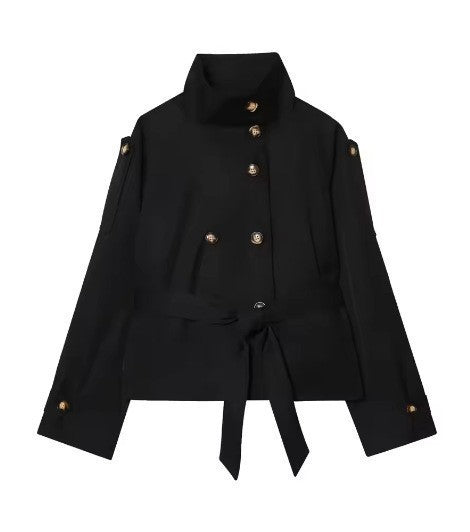 Funnel Neck Belted Double Breasted Short Trench Coat - Black
