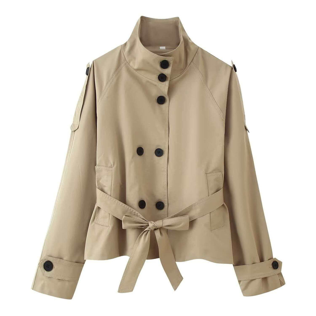 Funnel Neck Belted Double Breasted Short Trench Coat - Khaki