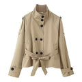 Funnel Neck Belted Double Breasted Short Trench Coat - Khaki