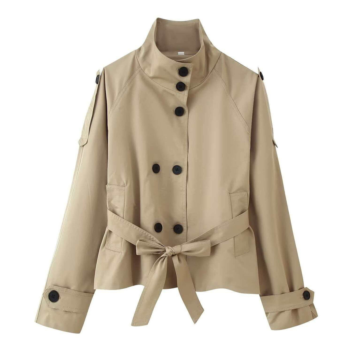 Funnel Neck Belted Double Breasted Short Trench Coat - Khaki