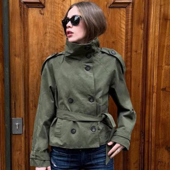 Funnel Neck Belted Double Breasted Short Trench Coat