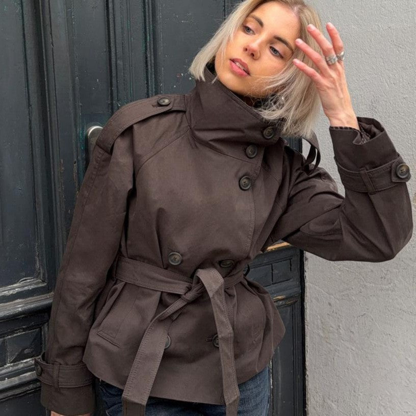 Funnel Neck Belted Double Breasted Short Trench Coat