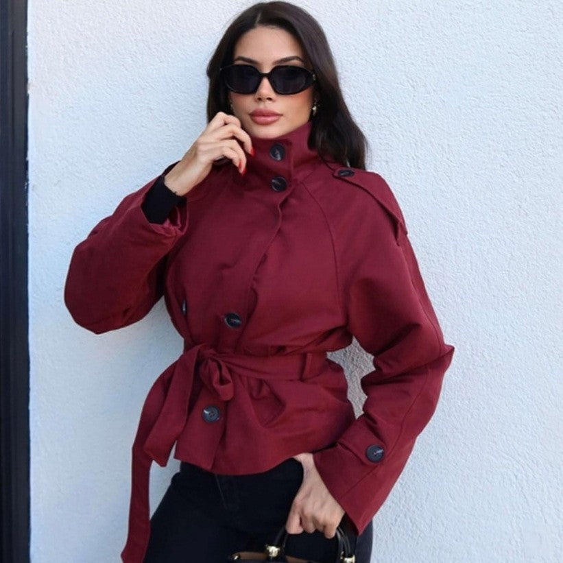 Funnel Neck Belted Double Breasted Short Trench Coat