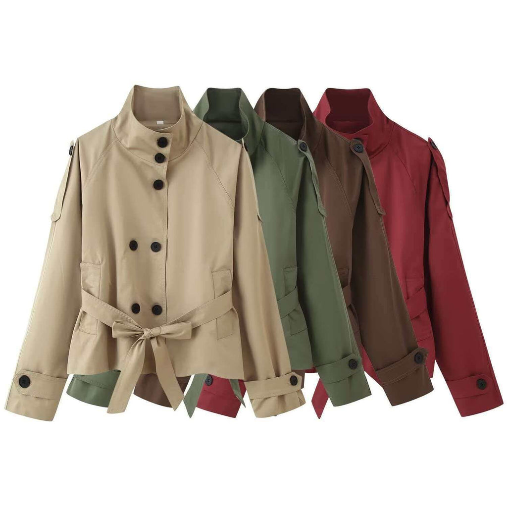 Funnel Neck Belted Double Breasted Short Trench Coat