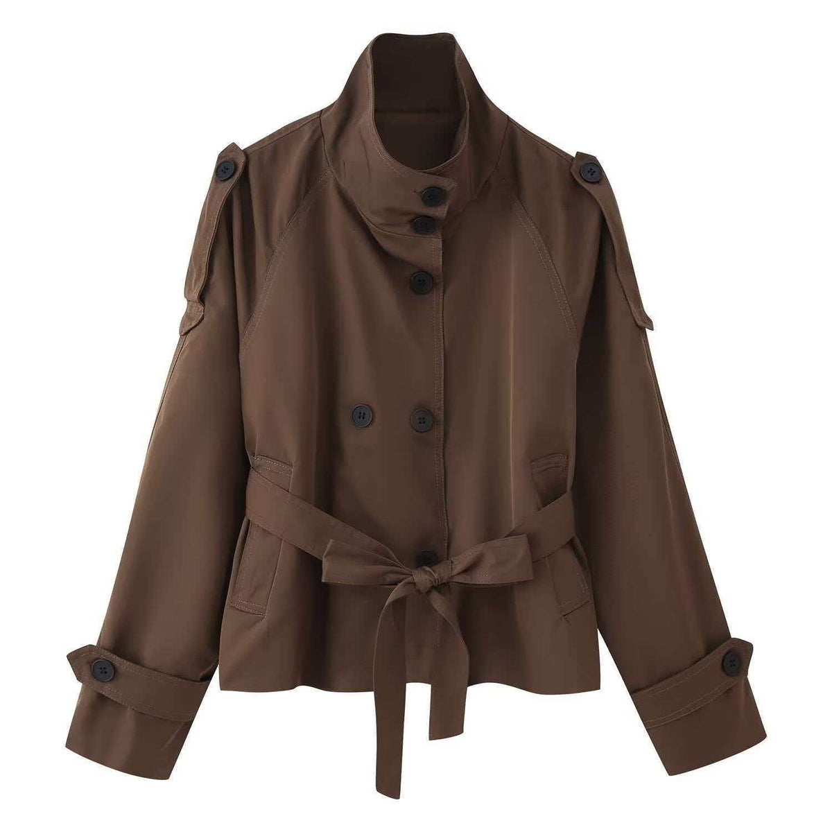 Funnel Neck Belted Double Breasted Short Trench Coat