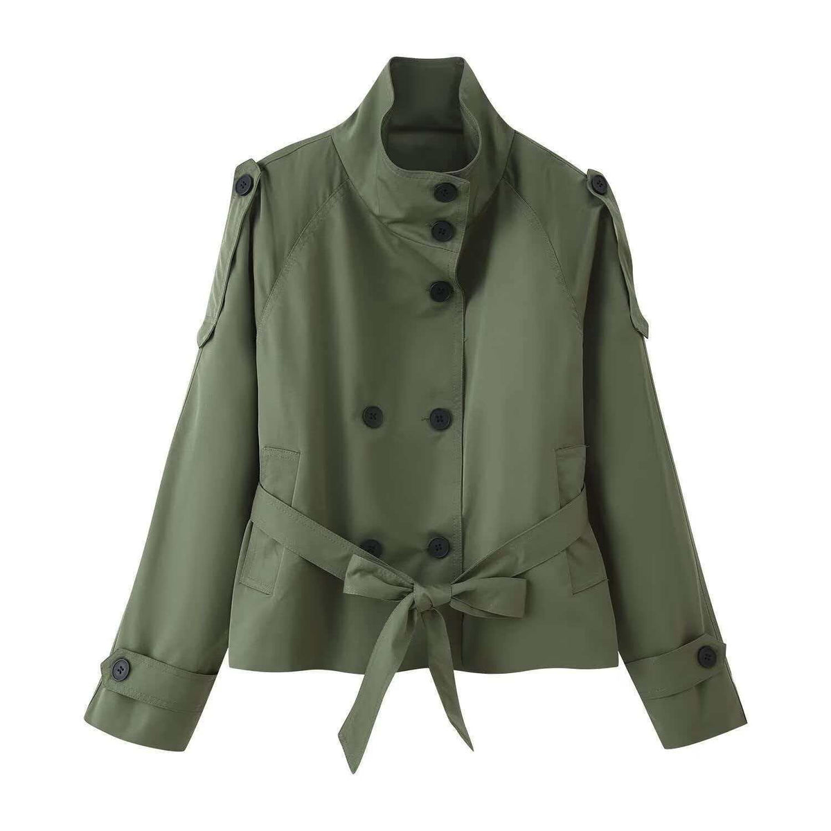 Funnel Neck Belted Double Breasted Short Trench Coat