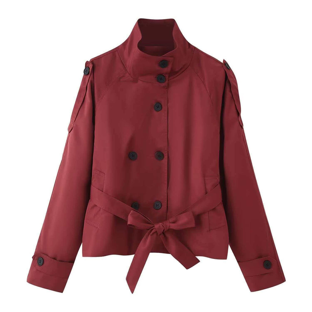Funnel Neck Belted Double Breasted Short Trench Coat