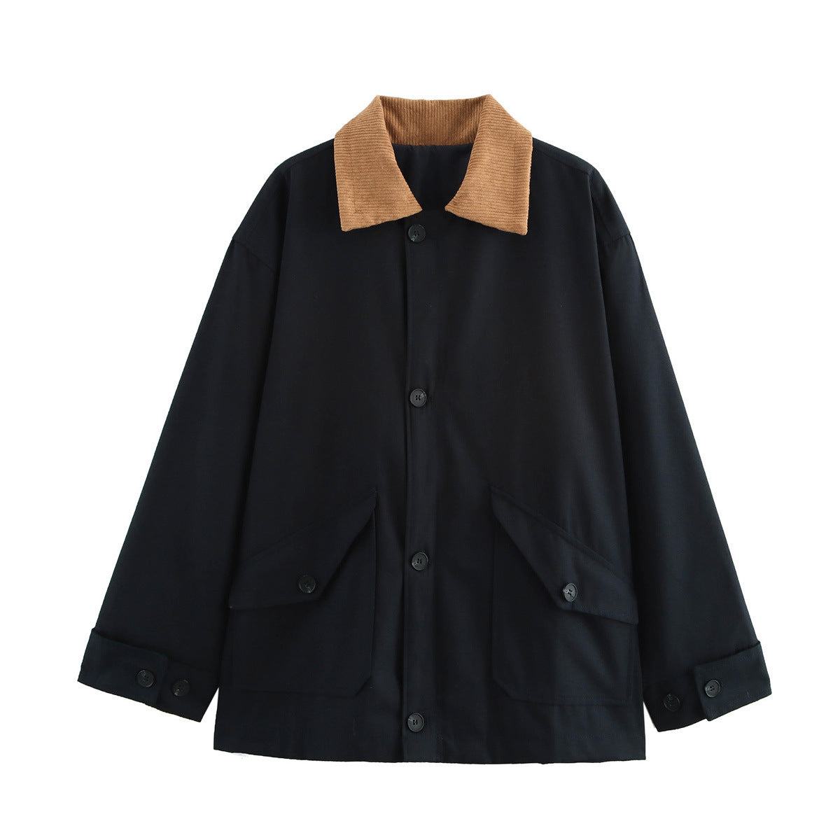 Corduroy Collar Button Down Chore Jacket - Black