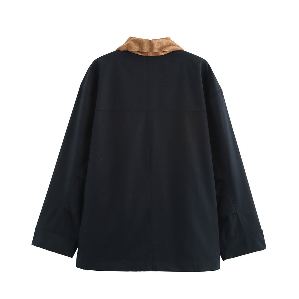 Corduroy Collar Button Down Chore Jacket - Black - 1