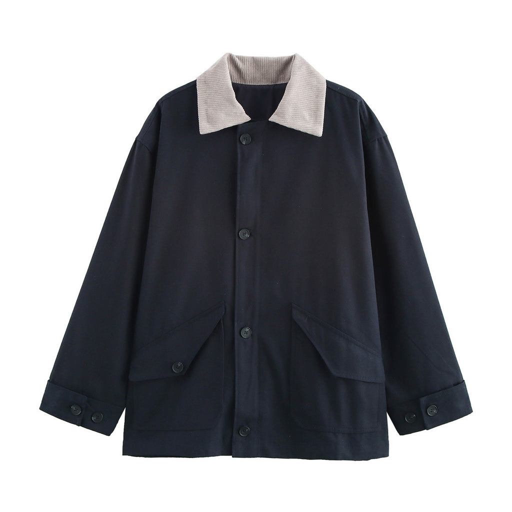 Corduroy Collar Button Down Chore Jacket - DarkBlue