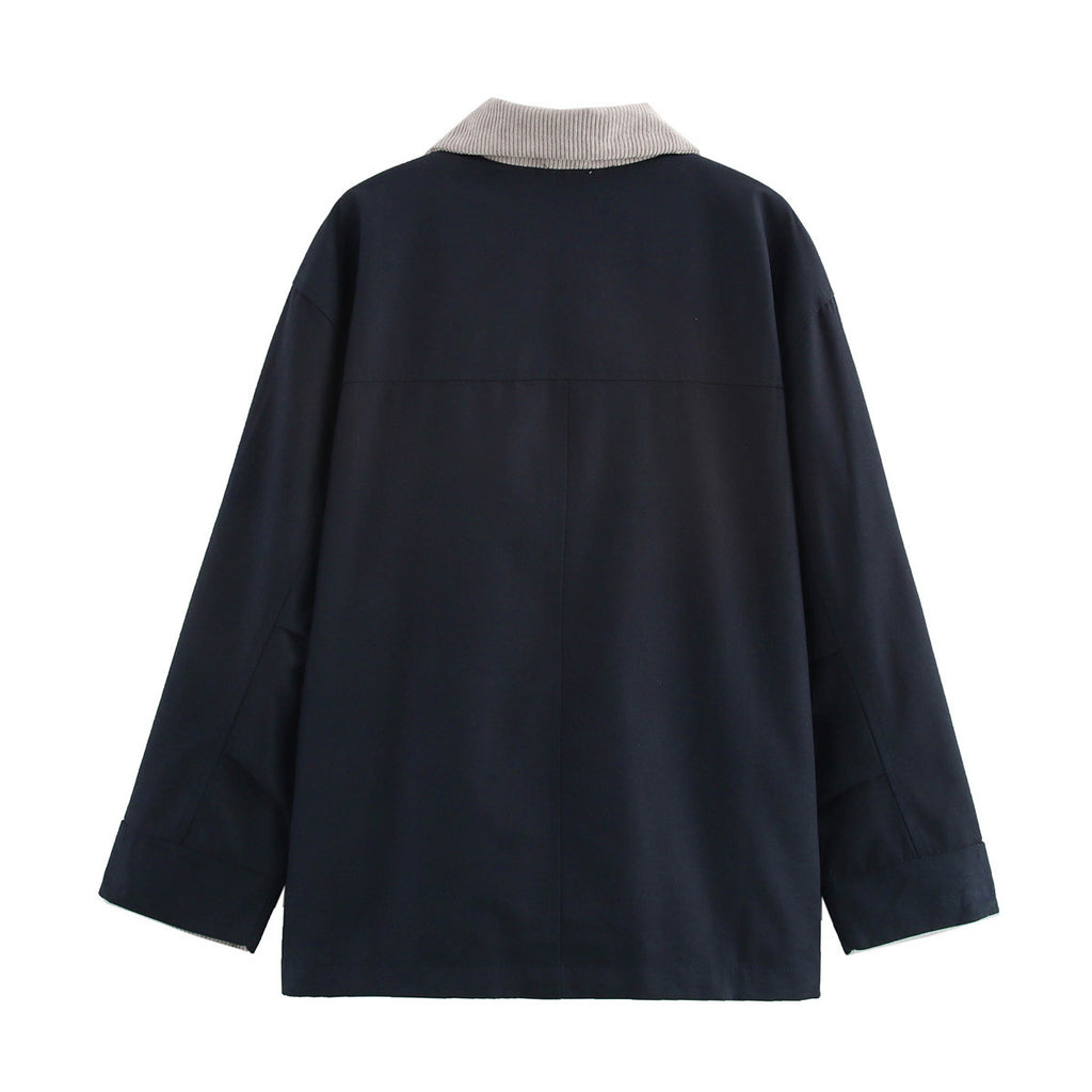 Corduroy Collar Button Down Chore Jacket - DarkBlue - 1