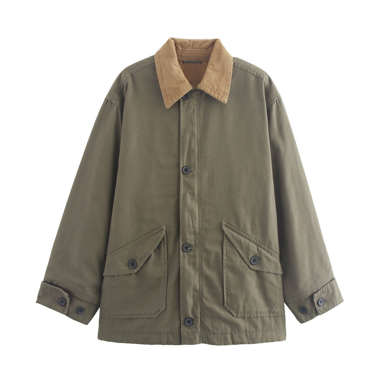 Corduroy Collar Button Down Chore Jacket - Olive