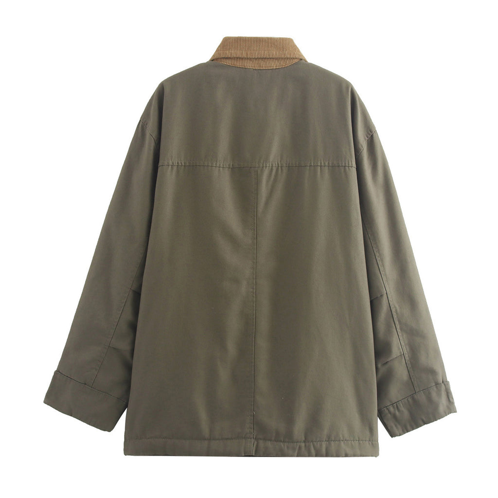 Corduroy Collar Button Down Chore Jacket - Olive - 1