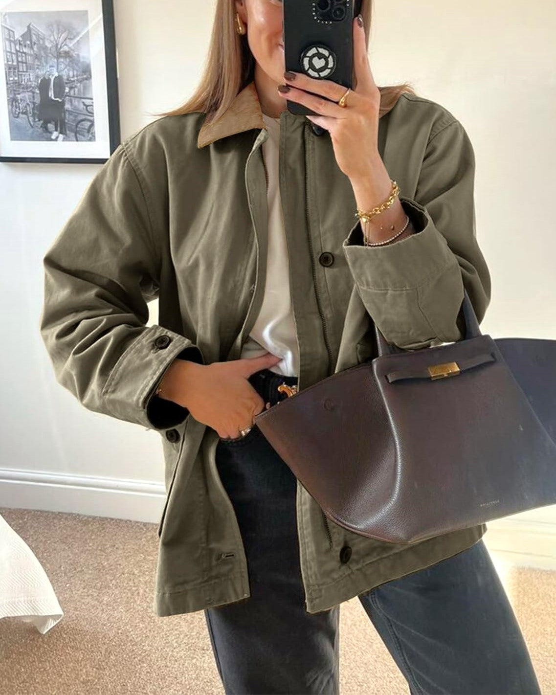 Corduroy Collar Button Down Chore Jacket - Olive - 2