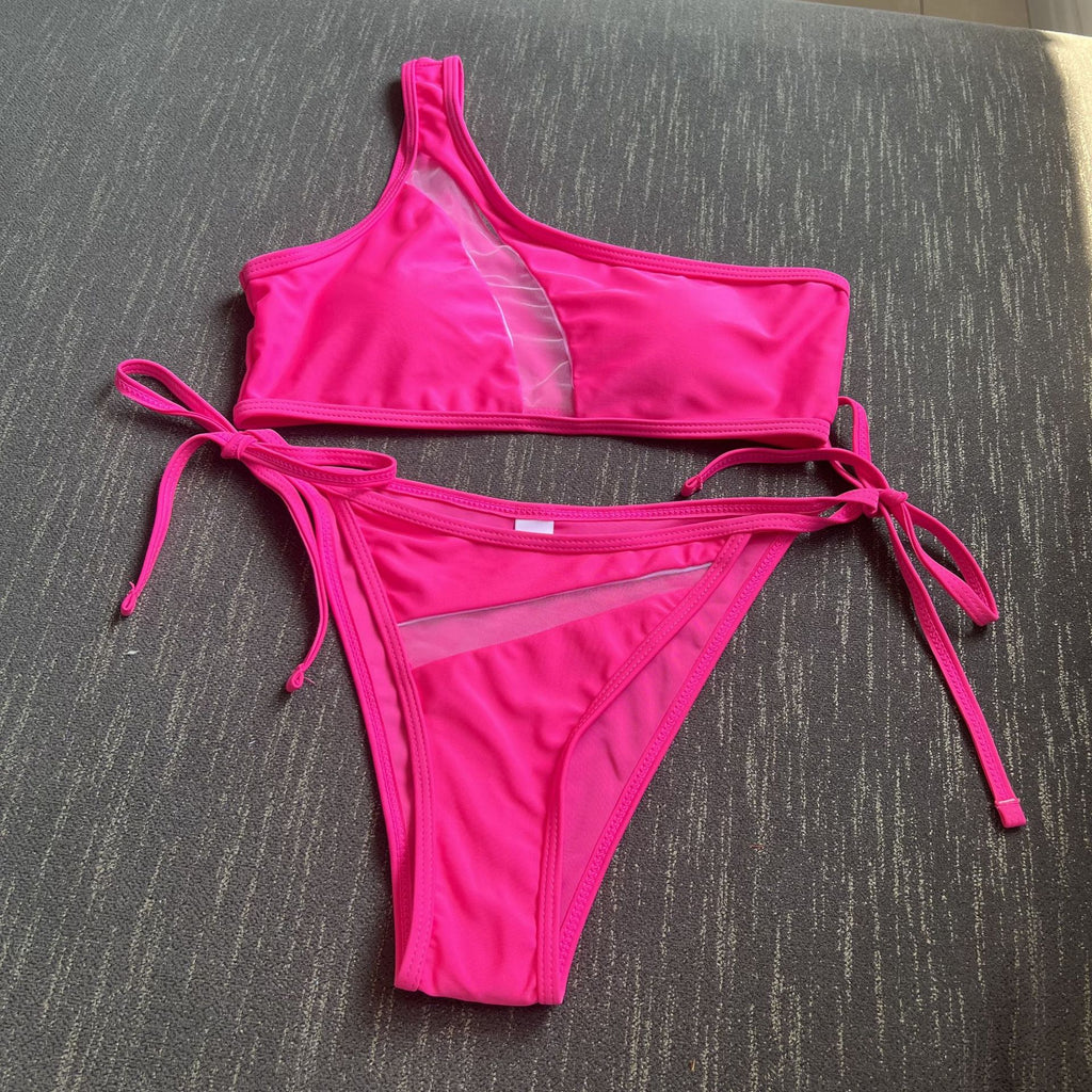 One Shoulder Mesh Panel Tie Side Bikini - Rose red - 1