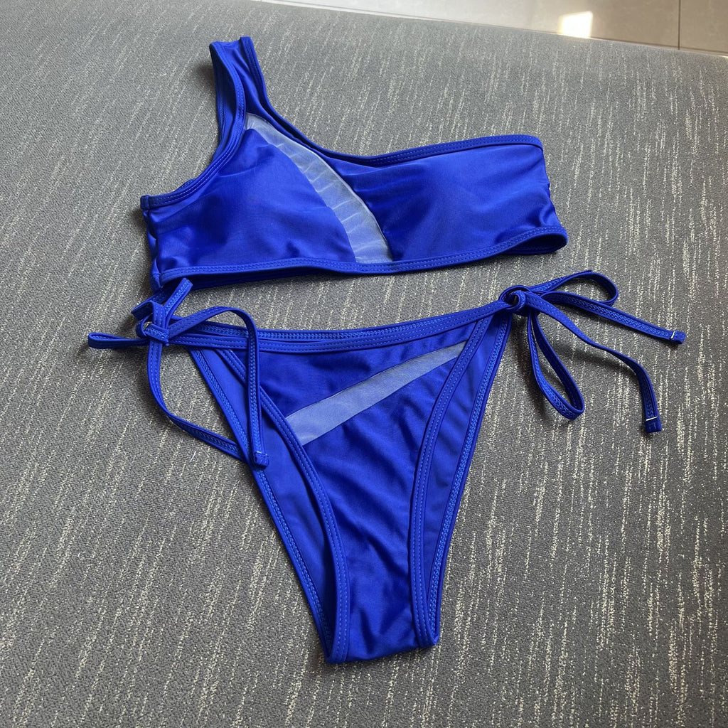 One Shoulder Mesh Panel Tie Side Bikini - Royal blue - 1