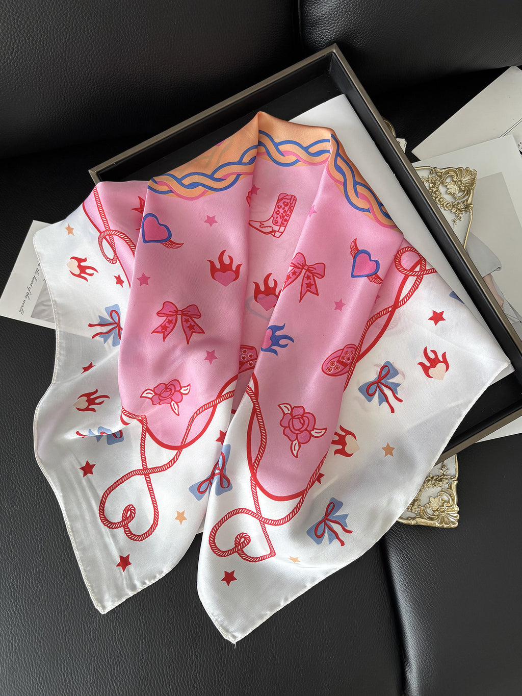 Cowgirl Motif Silky Square Bandana - PINK - 1