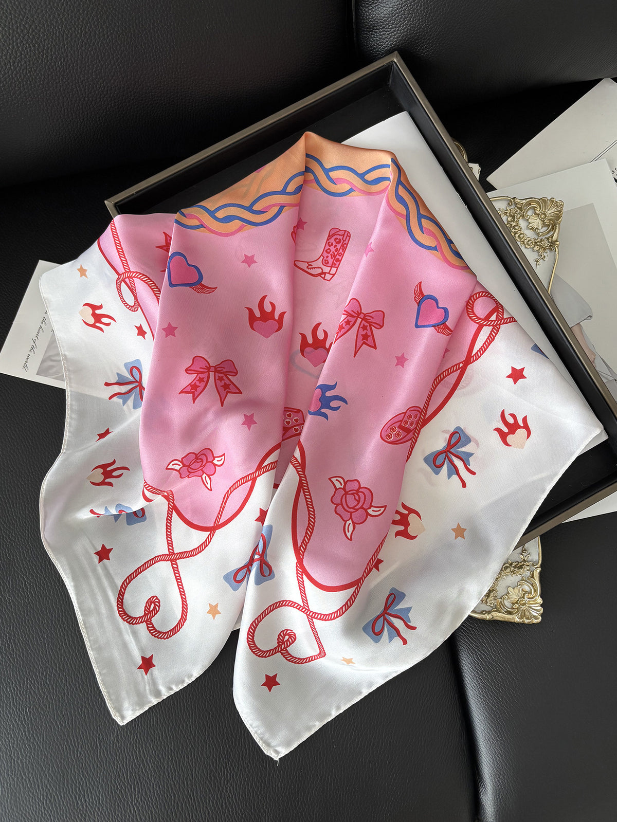 Cowgirl Motif Silky Square Bandana - PINK - 1