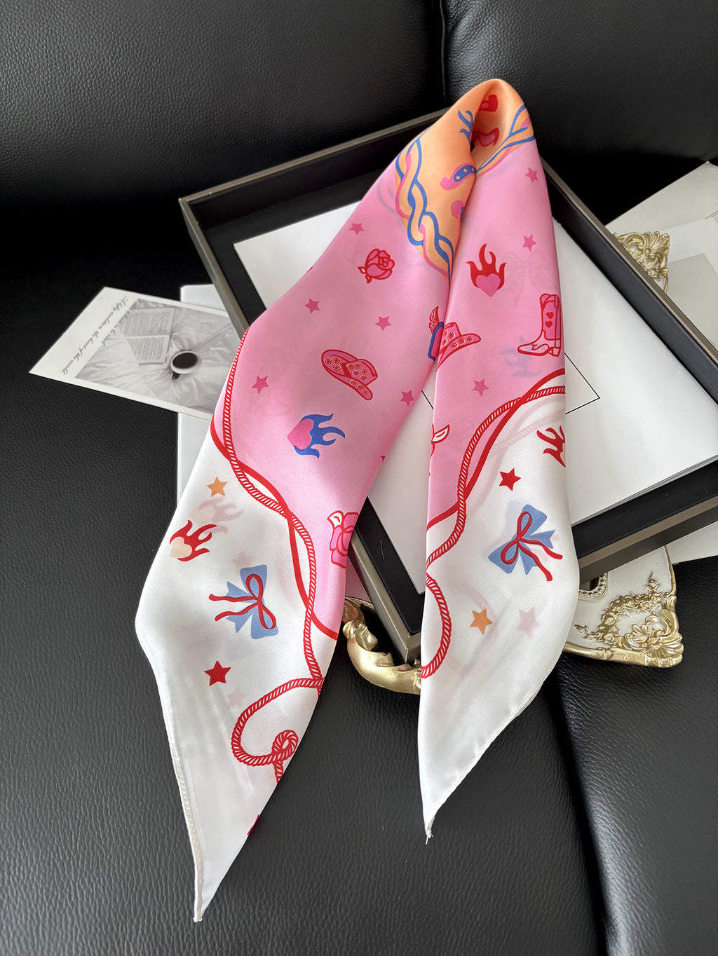 Cowgirl Motif Silky Square Bandana - PINK - 3