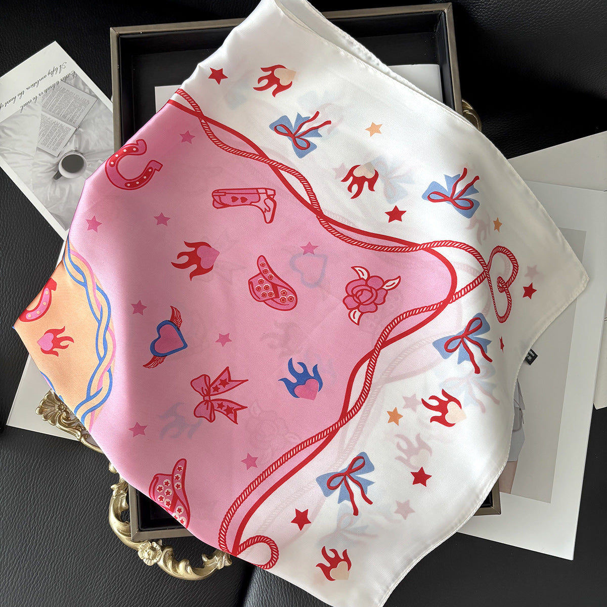 Cowgirl Motif Silky Square Bandana - PINK - 5