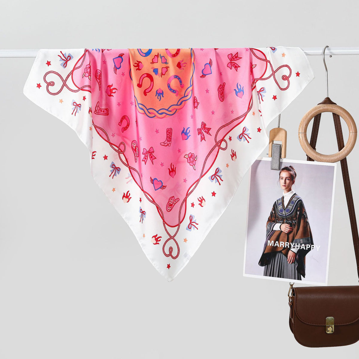 Cowgirl Motif Silky Square Bandana - PINK - 7