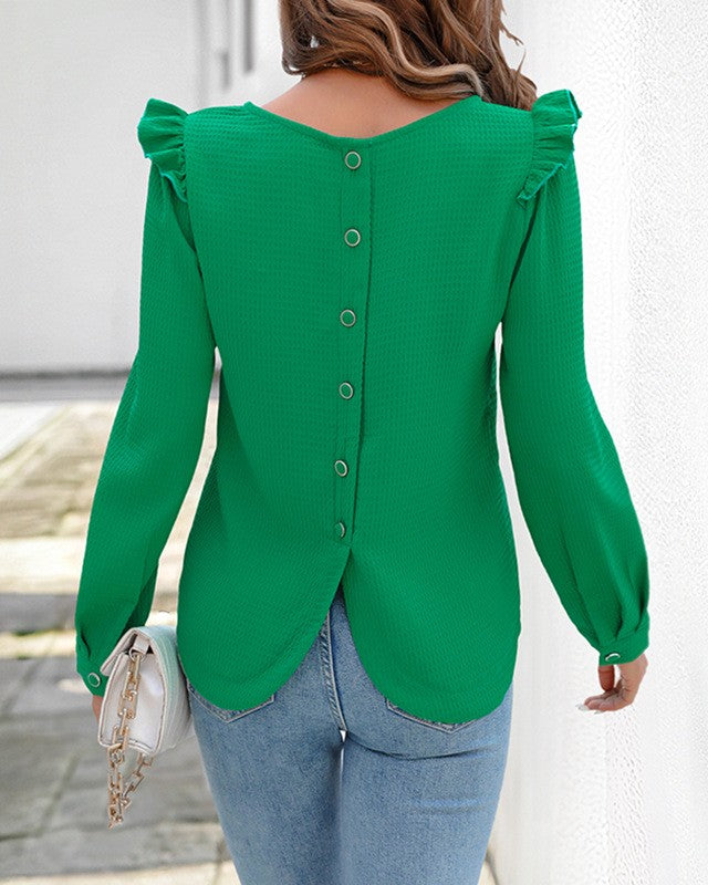 Ruffle Shoulder Button Back Long Sleeve Top - Green - 3