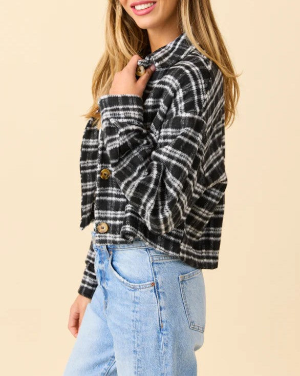 Cropped Plaid Shacket With Buttons - Black - 1