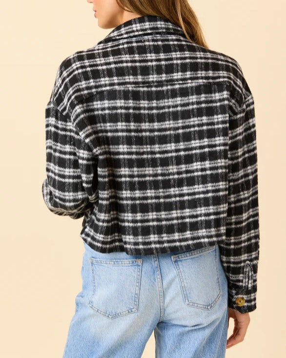 Cropped Plaid Shacket With Buttons - Black - 2